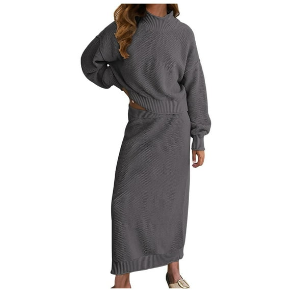 Women Sweater Skirt Set Polyester Neck Long Sleeve Knit Maxi Set Casual Outfit