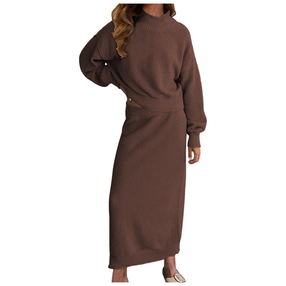 Women Sweater Skirt Set Polyester Neck Long Sleeve Knit Maxi Set Casual Outfit