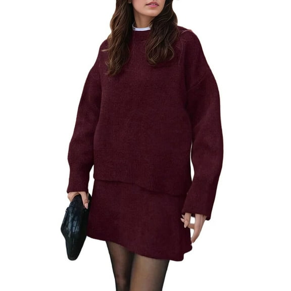 Women Sweater Skirt Sets 2 Pieces Outfits Loose Fit Pullover Sweater Knitted Mini Skirt Deep Red M
