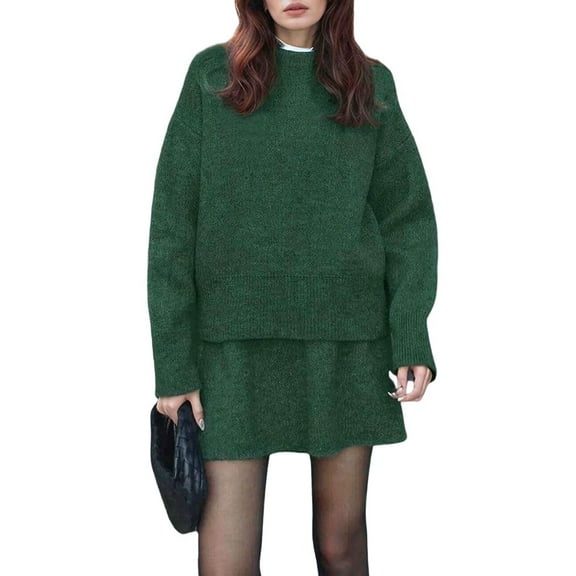 Women Sweater Skirt Sets 2 Pieces Outfits Loose Fit Pullover Sweater Knitted Mini Skirt Green M