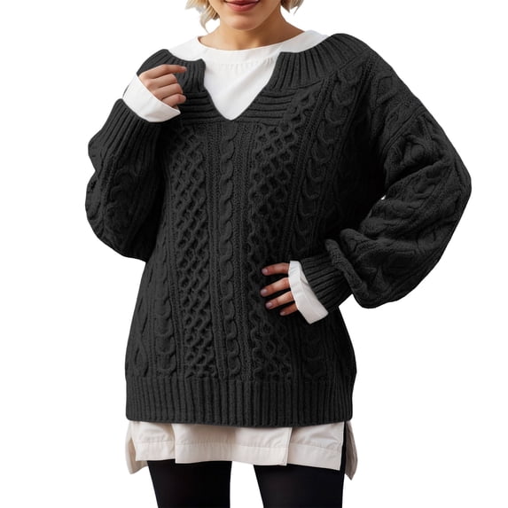 Women Sweater Solid Cable Knit Casual Loose Long Sleeve Tops Fall Winter Pullover Knitwear Blouse Daily Wear