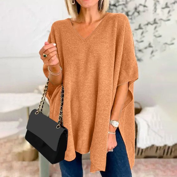 Women Sweater Sweater Cape Draped V Neck Loose Sweater Top