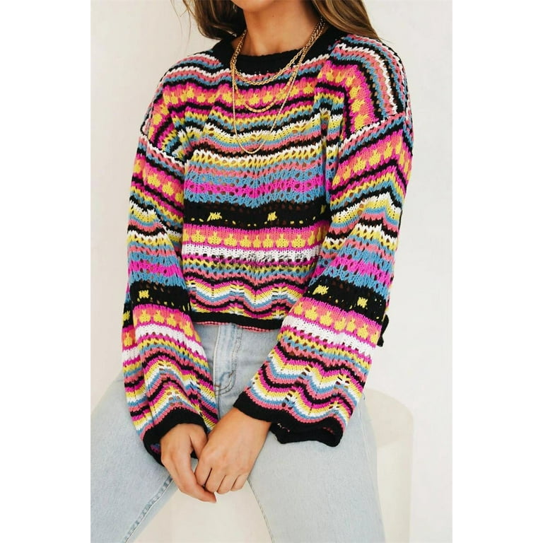 Women Sweater Top, Patchwork Knit Sweater, Crew Neck Striped Sweater for Women, Acrylic Material, Black XL