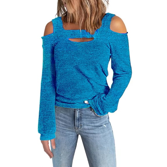 Women Sweater Tops Casual Sexy Cold Shoulder Long Sleeve Square Collar Sweatshirts Hollow Out Solid Pullover Sweaters