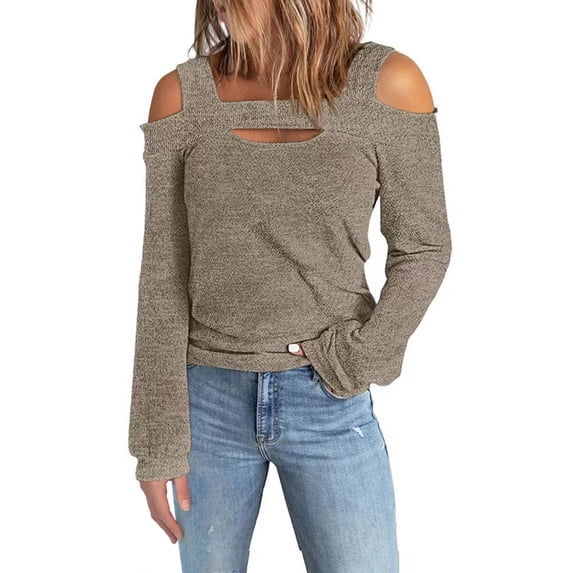 Women Sweater Tops Casual Sexy Cold Shoulder Long Sleeve Square Collar Sweatshirts Hollow Out Solid Pullover Sweaters