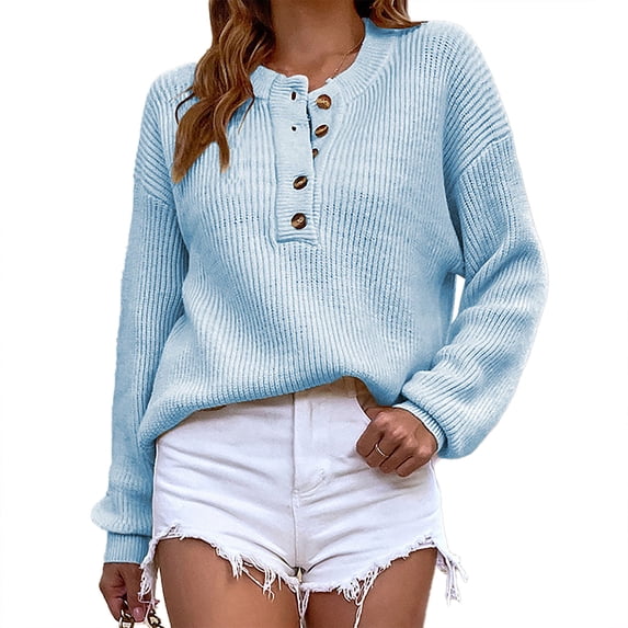 Women Sweater V Neck Half Button Pullover Knit Top Ladies Long Sleeve Loose Casual Sweater Blue S