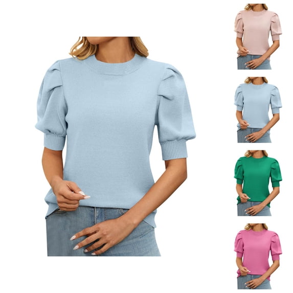 Women Sweater Vest Cropped Fitted for a Cute and Youthful Vibe Casual Women's Short Sleeve Sweater With Round Neck And Puff Sleeves Solid Color Knit Top