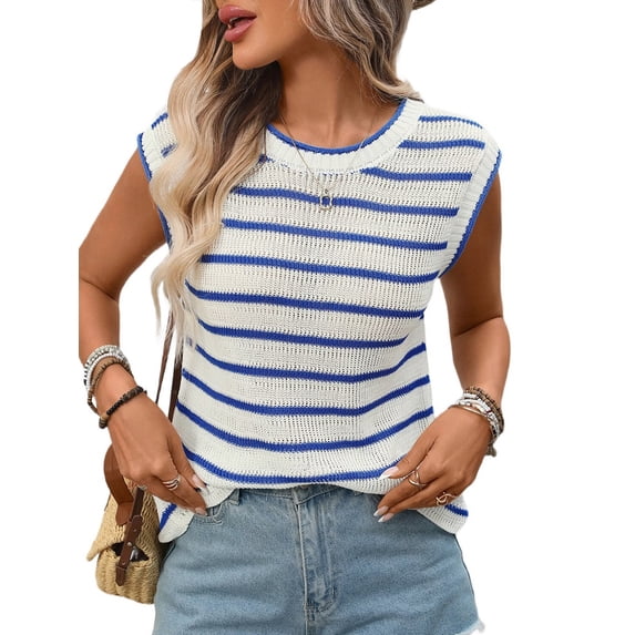 Women Sweater Vest Top Striped Sleeveless Knit Tank Tops Summer Outfits Blue S