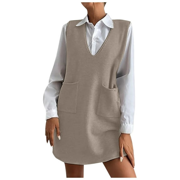Women Sweater Vest,Womens Solid Color Sleeveless Long Vest Double Layer Vest Skirt Casual Outfit,Sweaters for Women,03 Beige,XL