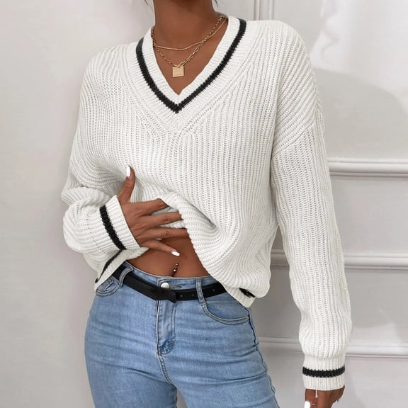 Women Sweater Women's Fashionable French Striped V Neck Casual Loose Knit Sweater Top
