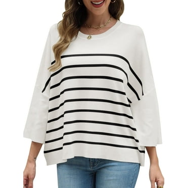 Women Sweaters 3/4 Sleeve Striped Printed Oversized Sweaters Casual Crewneck Lightweight Knit Tops Size XL