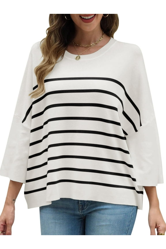 Women Sweaters 3/4 Sleeve Striped Printed Oversized Sweaters Casual Crewneck Lightweight Knit Tops Size XL