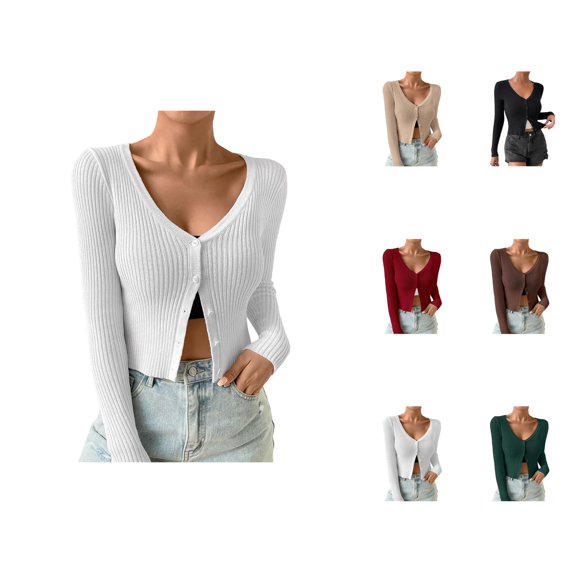Women Sweaters, Cardigan Sweaters for Women, Ribbed Knit Button Down V Neck, Lightweight Cropped Coat for Layering and Comfort