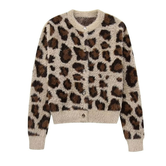 Women Sweaters Casual Leopard Print Jacquard Knit Cardigan Coat Long Sleeve Open Front Blouses for Women,Beige,L