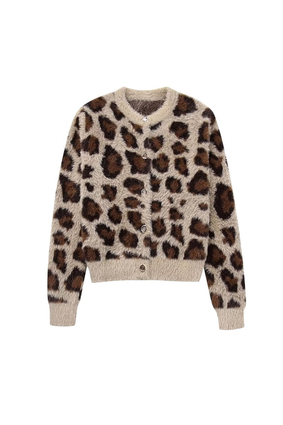Women Sweaters Casual Leopard Print Jacquard Faux Knit Cardigan Coat Long Sleeve Open Front Blouses for Women,Beige,M