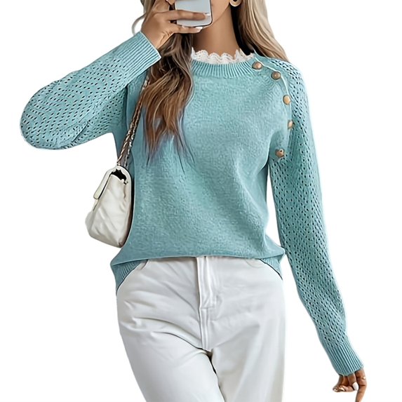 Women Sweaters Casual Long Sleeve Crewneck Cable Knit Oversized Crochet Sweater Pullover Tops Blue M