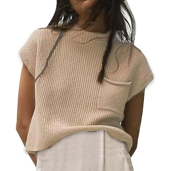 Women Sweaters Casual Pullover Crew Neck Pocket Sleeveless Knit Vest Fall Womens Tops,Beige,M