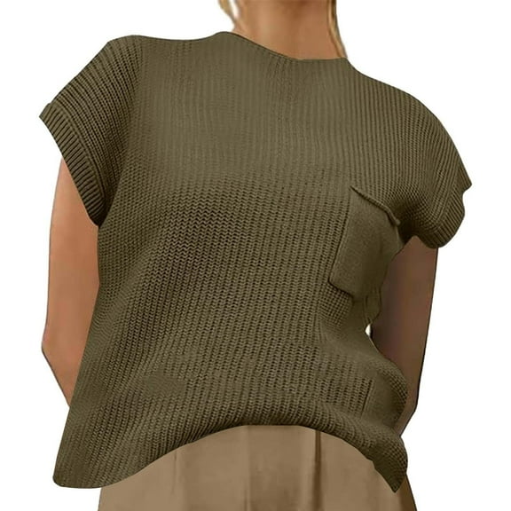 Women Sweaters Casual Pullover Crew Neck Pocket Sleeveless Knit Vest Fall Womens Tops,Khaki,XL