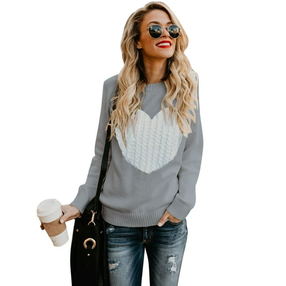 Women Sweaters Crew Neck Heart Front Long Sleeve Knitted Sweaters Winter Sweaters Alsol Lamesa