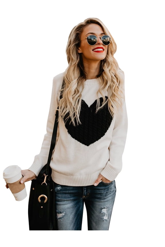 Women Sweaters Crew Neck Heart Front Long Sleeve Knitted Sweaters Winter Sweaters Alsol Lamesa