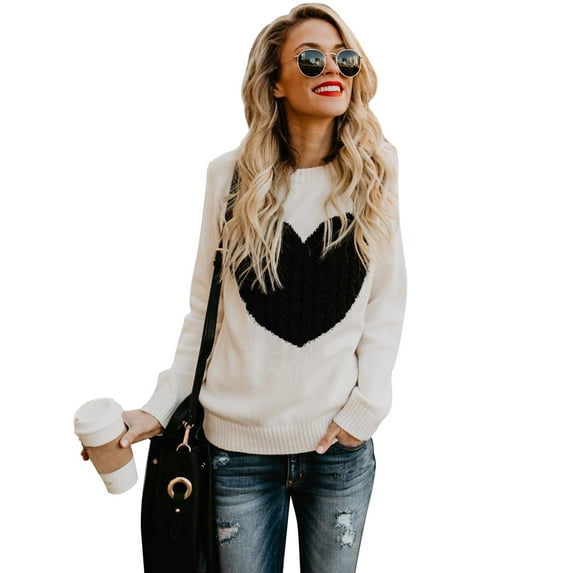 Women Sweaters Crew Neck Heart Front Long Sleeve Knitted Sweaters Winter Sweaters Alsol Lamesa