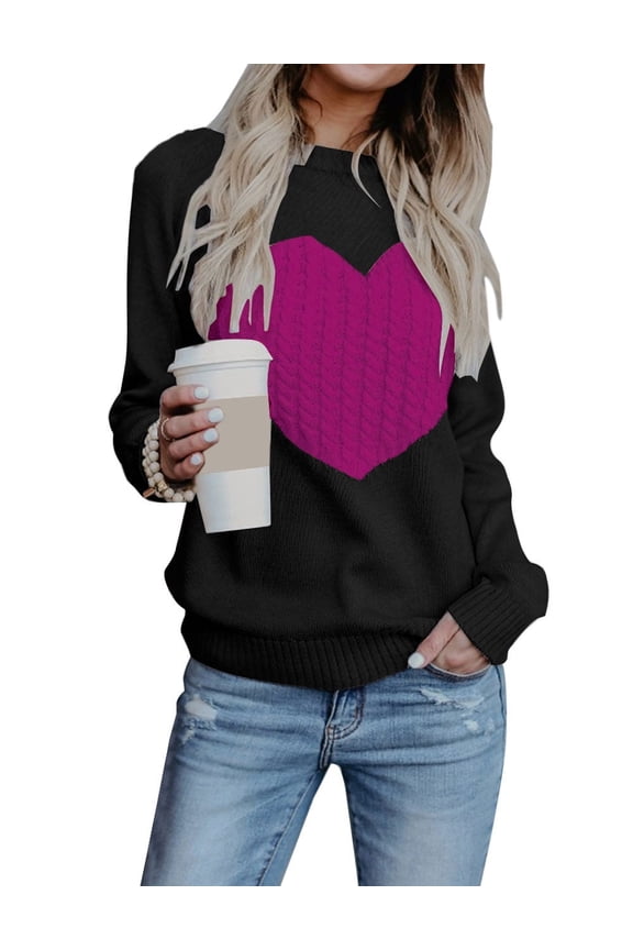 Women Sweaters Crew Neck Heart Front Long Sleeve Knitted Sweaters Winter Sweaters Alsol Lamesa