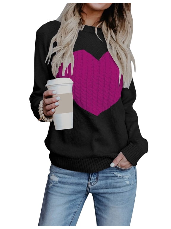 Women Sweaters Crew Neck Heart Front Long Sleeve Knitted Sweaters Winter Sweaters Alsol Lamesa