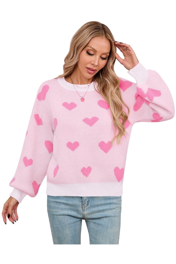 Women Sweaters Crewneck Cute Heart Valentine's Day Long Sleeve Knitted Sweaters Winter Pullover Sweaters Alsol Lamesa