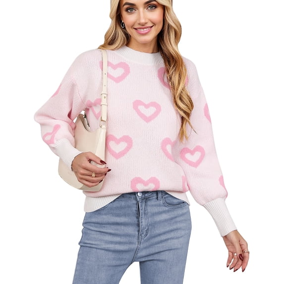 Women Sweaters Crewneck Cute Heart Valentine's Day Long Sleeve Knitted Sweaters Winter Pullover Sweaters Alsol Lamesa