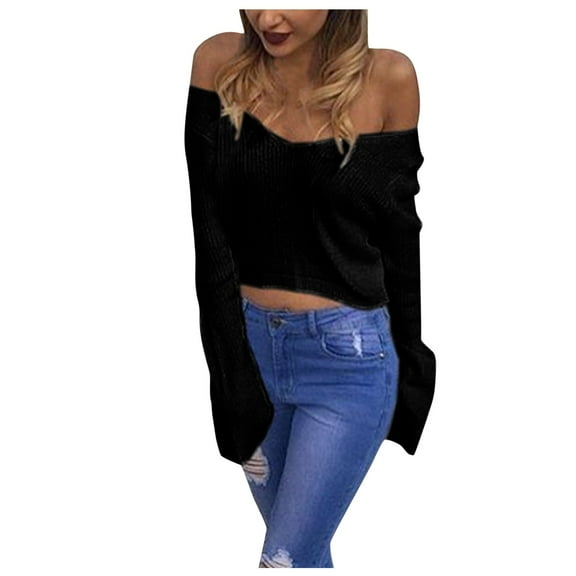 Women Sweaters Fall Clothes Women Soild V-neck Long Sleeve Knitting Crop Top Knitwear Blouse Sweater Tops