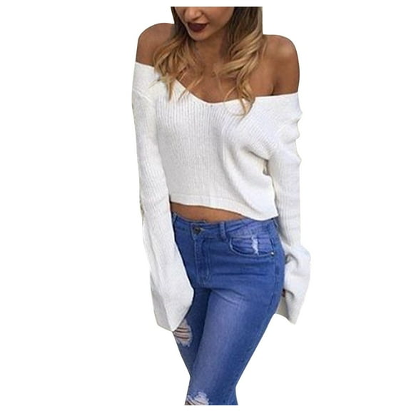 Women Sweaters Fall Clothes Women Soild V-neck Long Sleeve Knitting Crop Top Knitwear Blouse Sweater Tops
