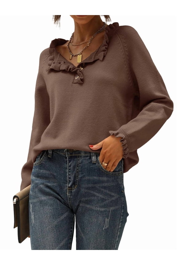 Women Sweaters Fall Winter Clothes Long Sleeve Button Up Ruffle Crew Neck Casual Knitted Pullover Tops Brown M