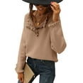 thumbnail image 1 of Women Sweaters Fall Winter Clothes Long Sleeve Button Up Ruffle Crew Neck Casual Knitted Pullover Tops Khaki XXXL, 1 of 8