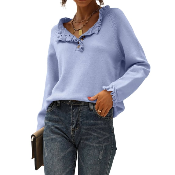 Women Sweaters Fall Winter Clothes Long Sleeve Button Up Ruffle Crew Neck Casual Knitted Pullover Tops Sky Blue XXXL
