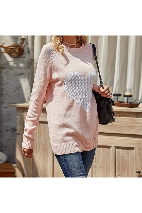 Women Sweaters Heart Front Crew Neck Long Sleeve Knitted Pullover Fall Winter Sweater