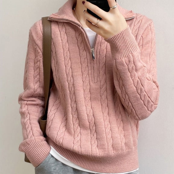 Women Sweaters Notched Collar Zip Front Knit Sweater Pullover Long Sleeve Casual Loose Fit Solid Color Top for Autumn Winter
