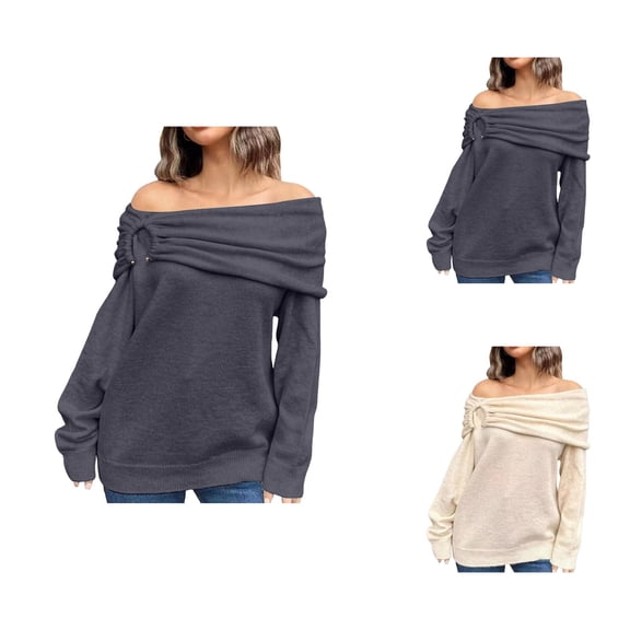 Women Sweaters, Off Shoulder Sweaters for Women, Knitted Fold Over Pullover, Long Sleeve for Fall Season