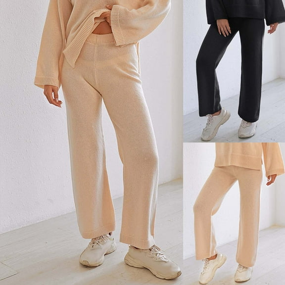 Women Sweaters Pants, Winter Warm Knit Pull On Pants, Female High Waist Straight Leg Pajama Bottoms Winter Travel Loose Trousers with Pockets