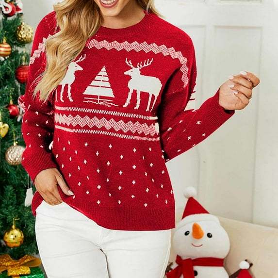 Women Sweaters Plus Size Ugly Christmas Sweatshirts Women Lightweight Knit Tops Chunky Pullover Trendy Long Sleeve Casual Pullover Red XL
