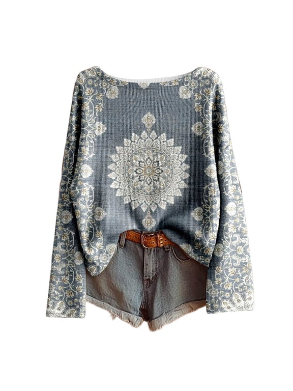 Women Sweaters Plus Size Vintage Boho Floral Print Long Sleeve Knit Tops 2025 Fall Casual Baggy Loose Comfy Blouses