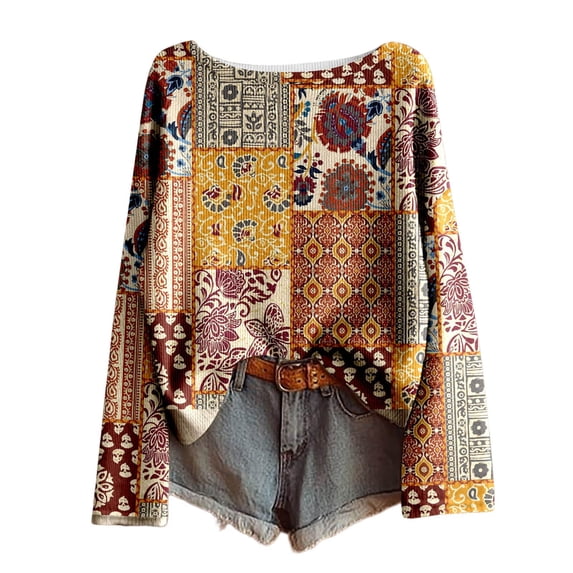 Women Sweaters Plus Size Vintage Boho Floral Print Long Sleeve Knit Tops 2025 Fall Casual Baggy Loose Comfy Blouses