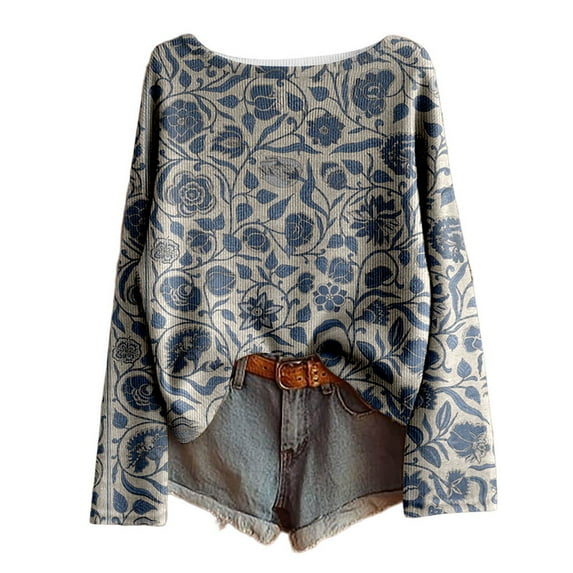 Women Sweaters Plus Size Vintage Boho Floral Print Long Sleeve Knit Tops 2025 Fall Casual Baggy Loose Comfy Blouses