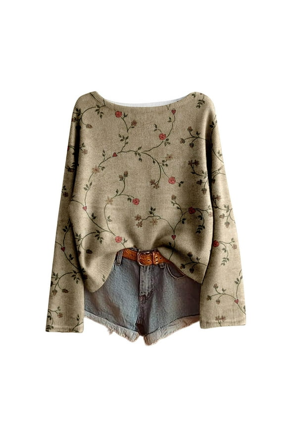 Women Sweaters Plus Size Vintage Boho Floral Print Long Sleeve Knit Tops 2025 Fall Casual Baggy Loose Comfy Blouses