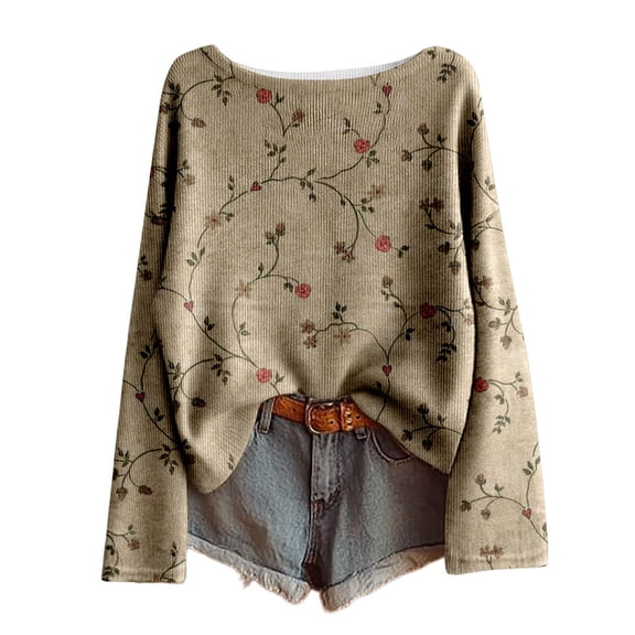 Women Sweaters Plus Size Vintage Boho Floral Print Long Sleeve Knit Tops 2025 Fall Casual Baggy Loose Comfy Blouses