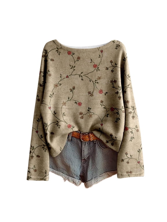 Women Sweaters Plus Size Vintage Boho Floral Print Long Sleeve Knit Tops 2025 Fall Casual Baggy Loose Comfy Blouses