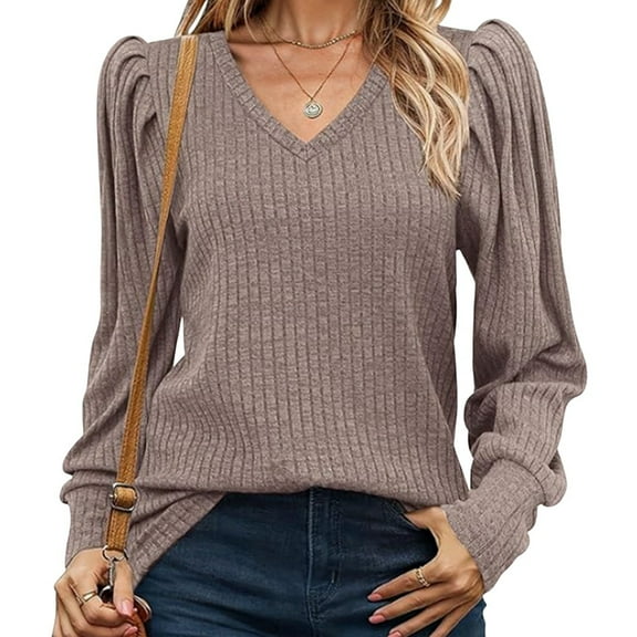 Women Sweaters Puff Long Sleeve V Neck Shirts Casual Tunic Tops Khaki M