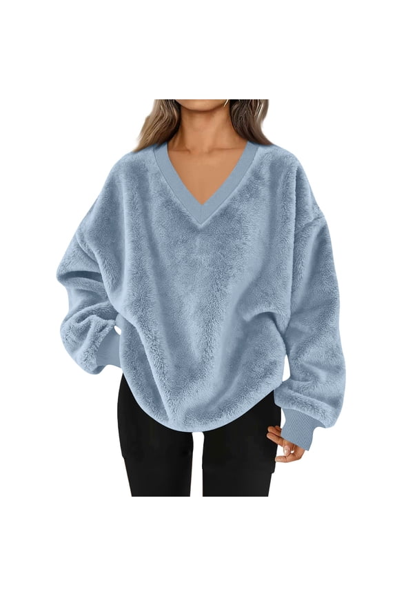 Women Sweaters Soft Cozy Long Sleeve V Neck Lightweight Casual Pullover Oversized Fuzzy Warm Pullover Tops