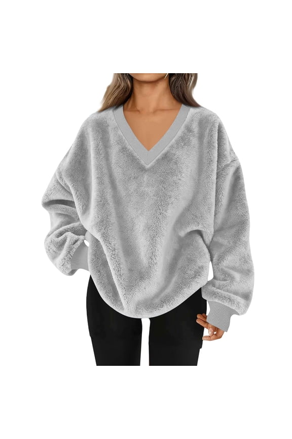 Women Sweaters Soft Cozy Long Sleeve V Neck Lightweight Casual Pullover Oversized Fuzzy Warm Pullover Tops