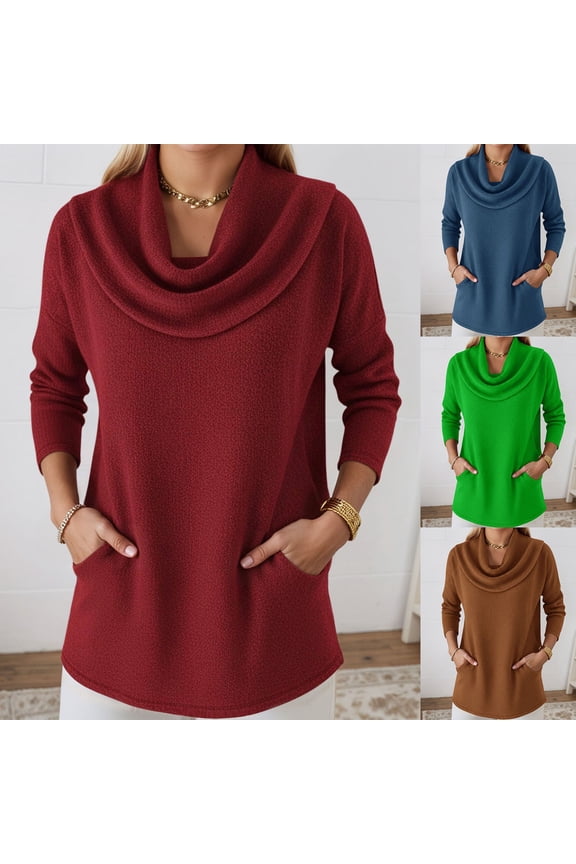 Women Sweaters Solid Color Casual Turtleneck Swing Collar Knitwear Pullover Long Sleeve Sweater with Pockets