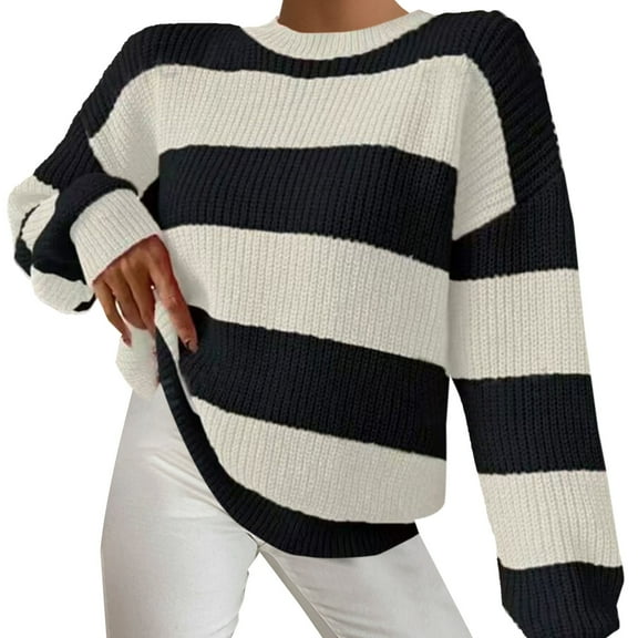 Women Sweaters Striped Sweater Loose Lazy Long Sleeved Pullover Round Neck Knit Sweater Sweaters